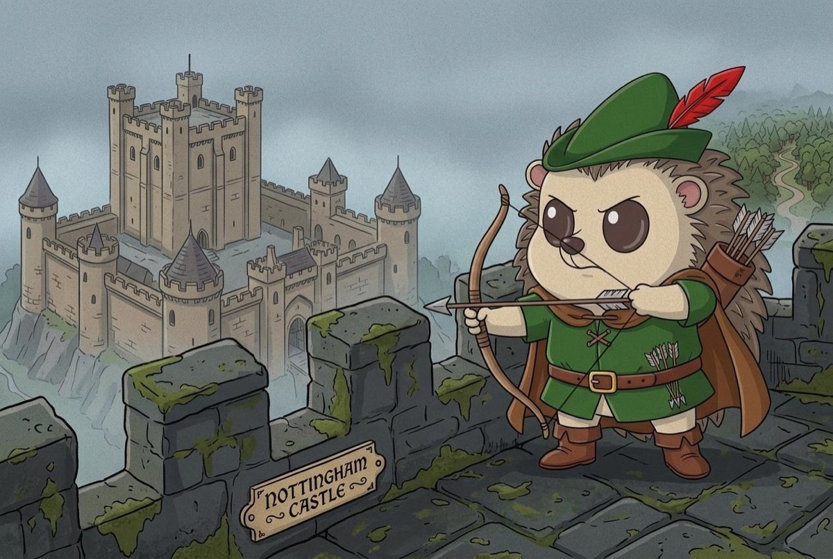 Robin Shrub drawing his bow on the battlements above Nottingham Castle
